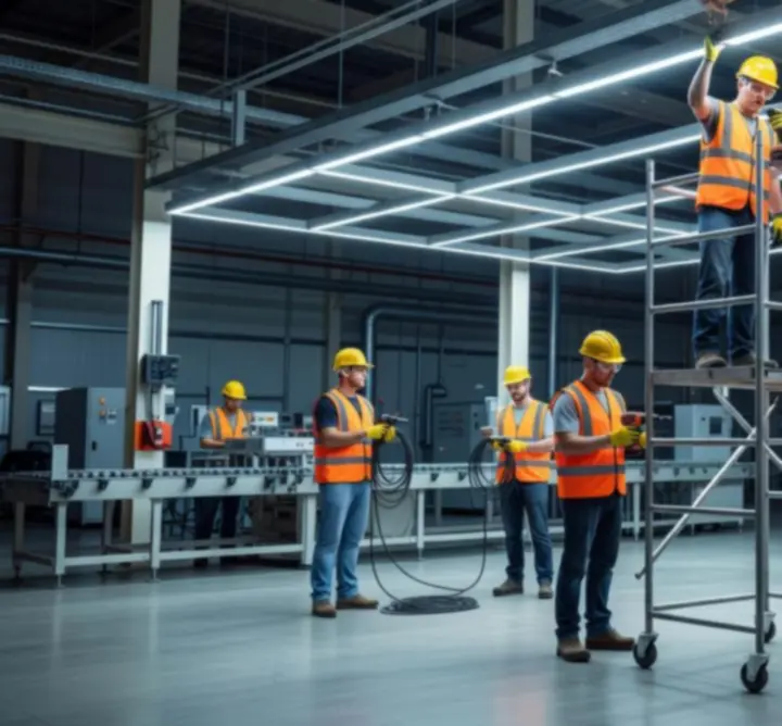 Technici installeren industriële LED-verlichting in een moderne productiehal