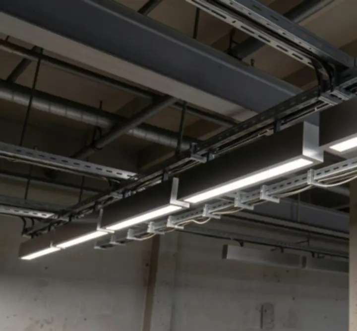 Gemonteerde LED-armaturen in een industriële omgeving