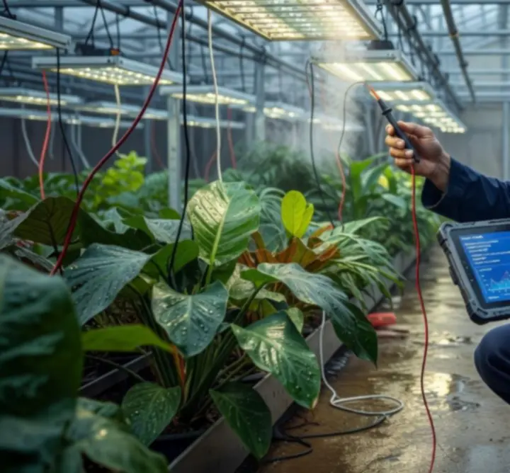 Monteur van Luminosync NL die een verlichtingsstoring oplost in een industriële omgeving.