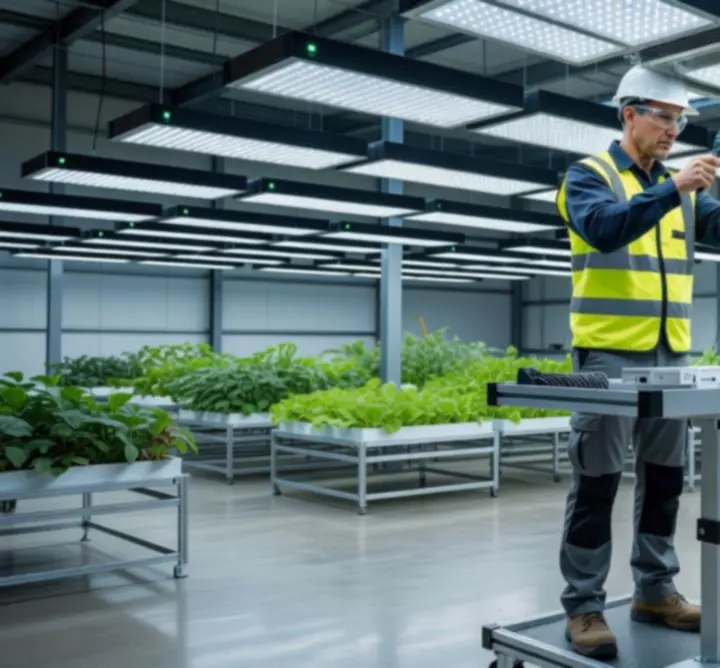 Technicus voert onderhoud uit aan industriële LED-verlichting in een productiehal.